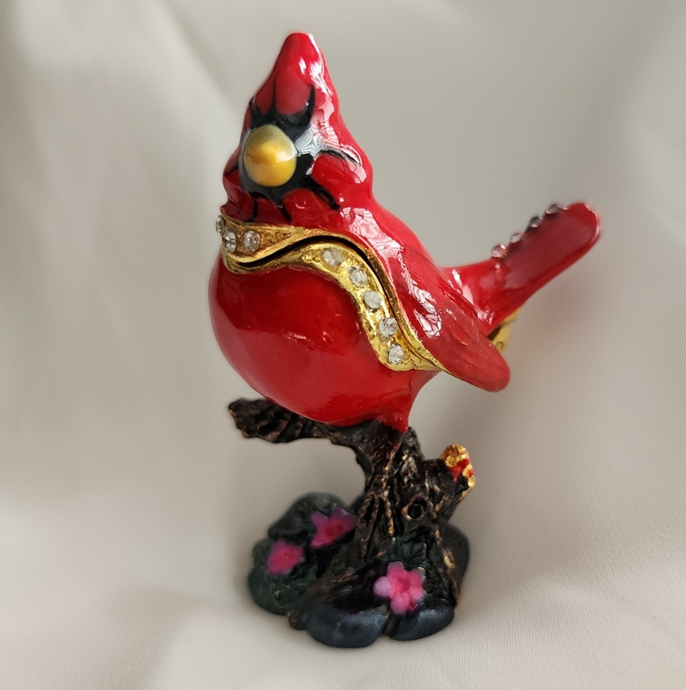 Red Cardinal Bird Trinket Jewelry Box Proposal Ring Box Rhinestone Enamel